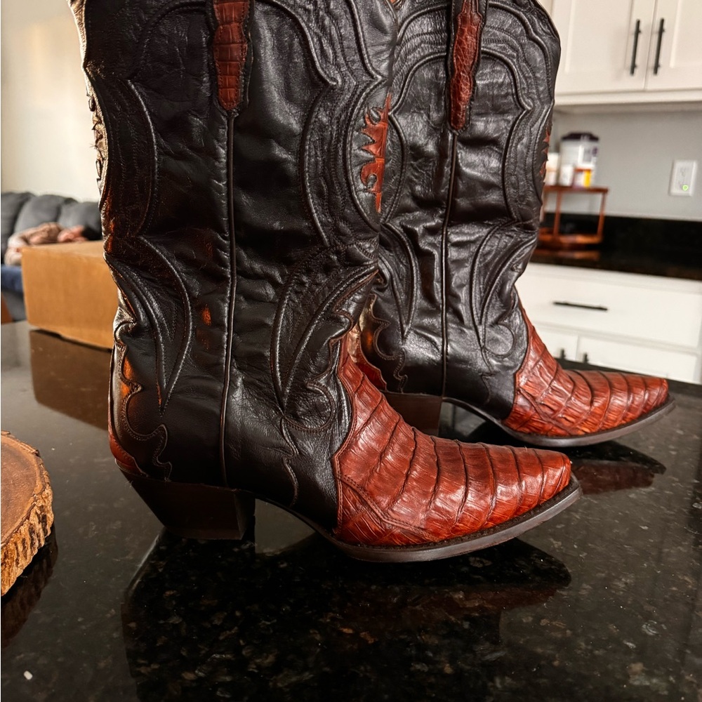 Dan Post Two-Tone Brown Western Leather Exotic Toe Boots - Picture 3 of 3